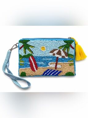 Sol & Mer Multicolor Beaded Beach Scene Wristlet Clutch with Yellow Tassel